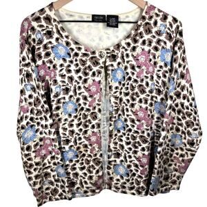 NICOLE MILLER Silk Blend Cardigan Size XL Animal Print Floral Cardi Scoop Neck